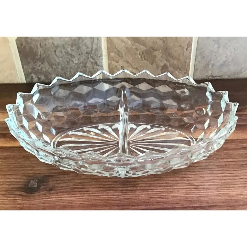 Vintage Clear Pressed Glass Divided Relish Dish Diamond Point Sawtooth Rim 9.5